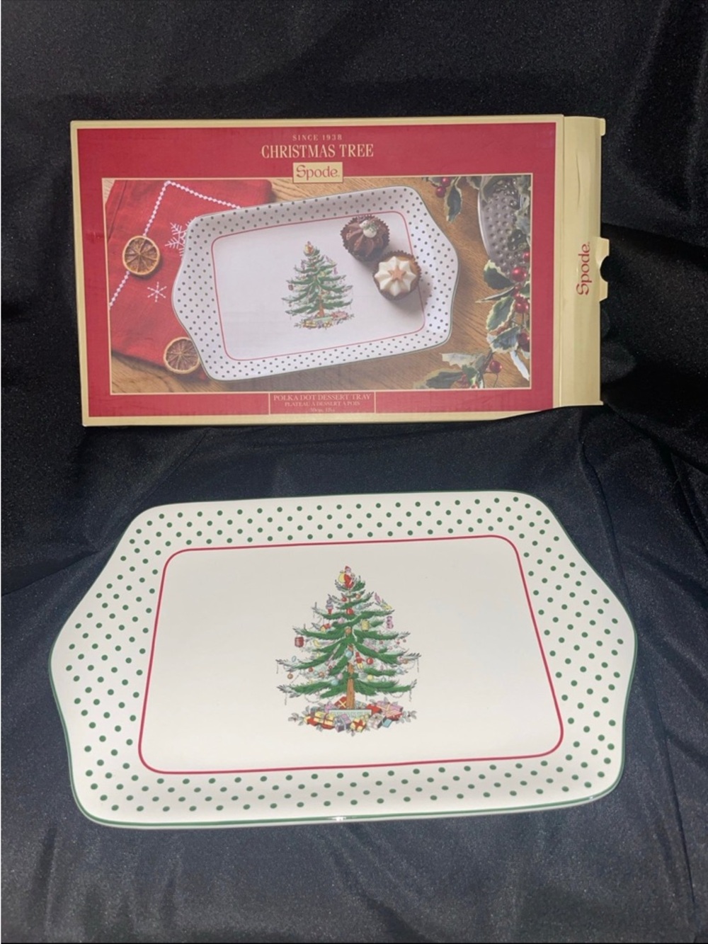Spode Christmas Tree Polka Dot Dessert Tray 30cm / 12in Holiday Serving Tray